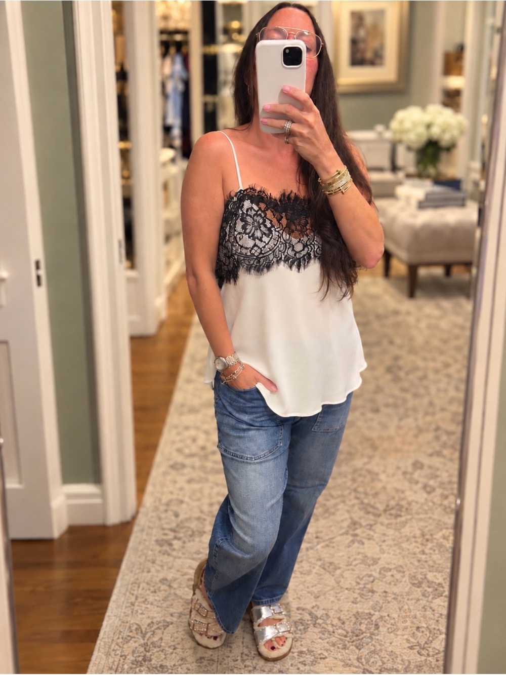 “Gold Hawk”Lace-Trim Satin Cami Top in White and Black
